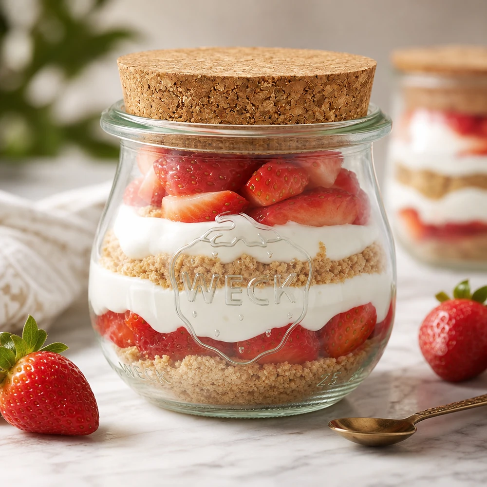 75ml tulpanburk WECK RR40 med kork naturell WECK tulpanburk 75ml RR40 som dessertburk med jordgubbar och grädde skiktad korklock dessert i en burk