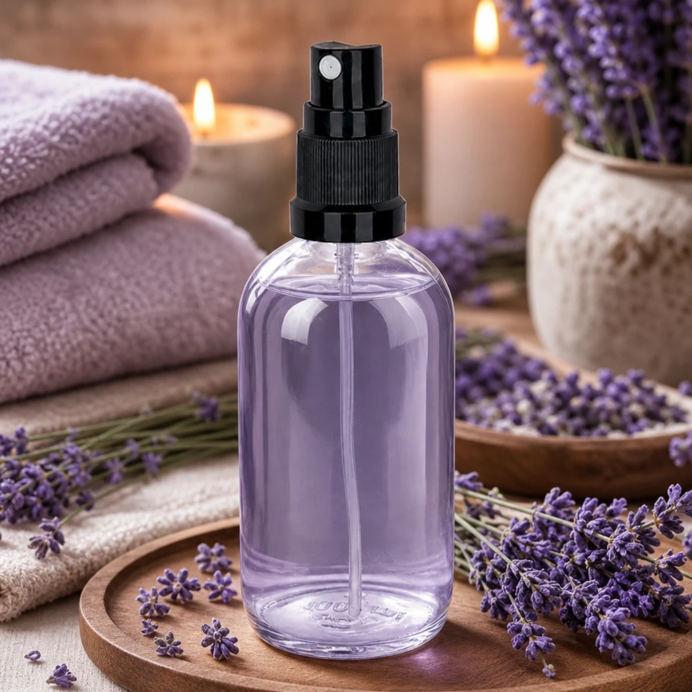 Lavendelaromspray i en 100 ml ClearLine-glasflaska med svart sprayhuvud på en träbricka