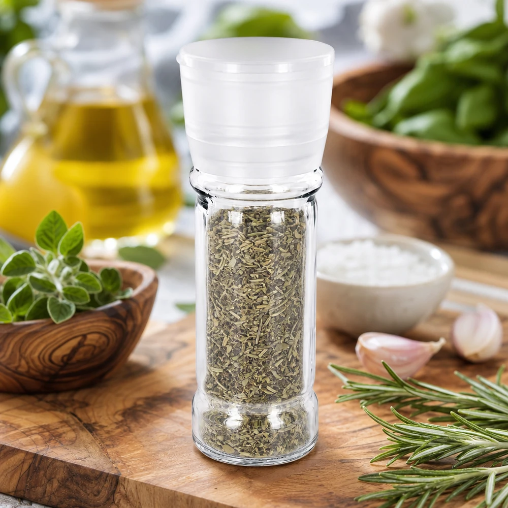 Salt- och kryddburk 100 ml med kvarn, Vario, vit Kryddburk på 100 ml med vit kvarn, fylld med örter, bland annat rosmarin och vitlök