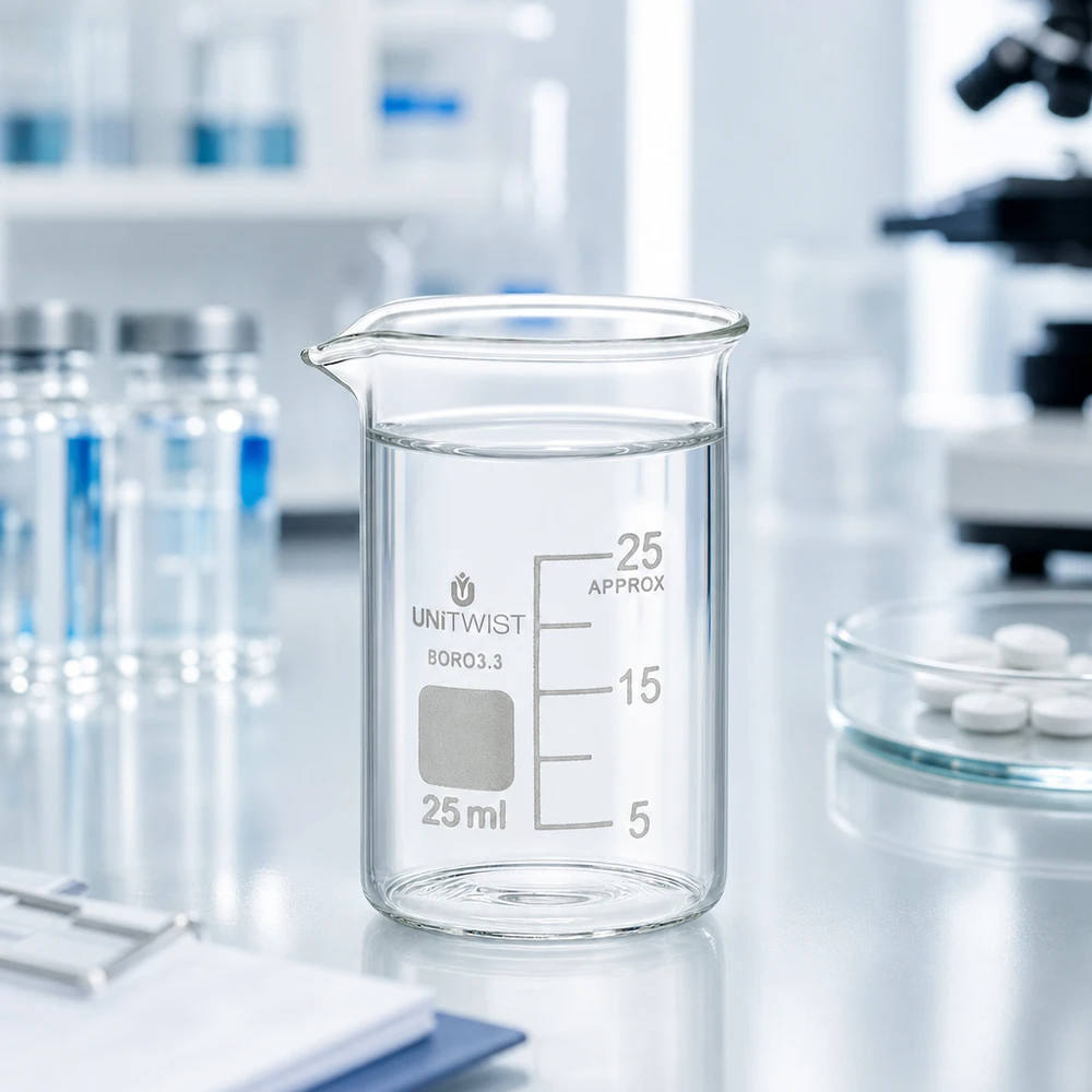 Bägare 25ml borosilikat, lågformad UNiTWIST UNiTWIST-bägare, 25 ml, låg form, tillverkad av borosilikatglas 3.3, bredvid ett mikroskop och tabletter i laboratoriet