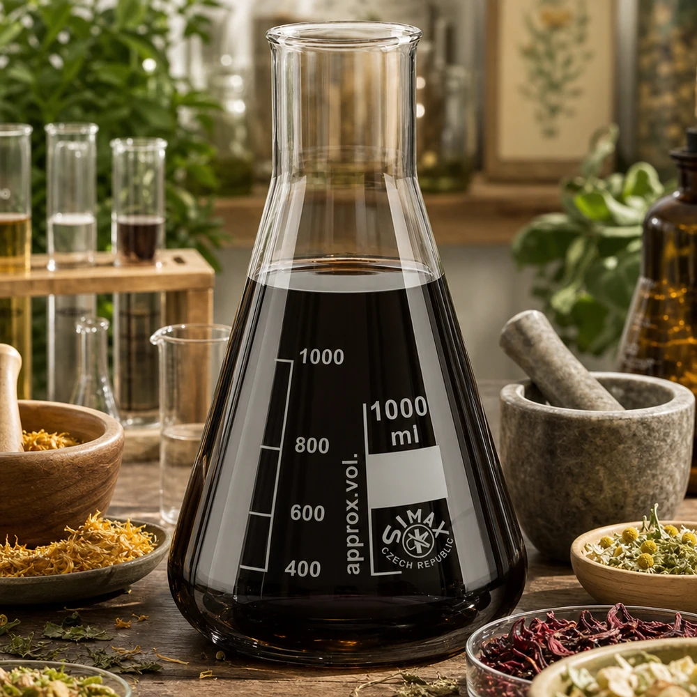 Erlenmeyerkolv 100 ml med bred hals Stor Erlenmeyerkolv 1000ml med svart vätska och gradering mellan naturliga örter