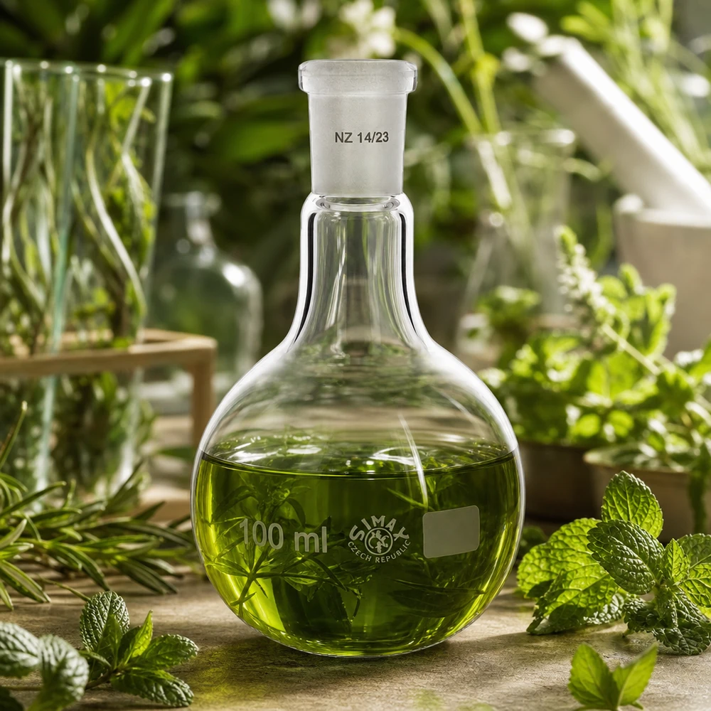 Höftkolv 100ml med standard slipad led (14/23) Stående kolv 100 ml med grön lösning och mintdekor för botaniska extraktionsmetoder