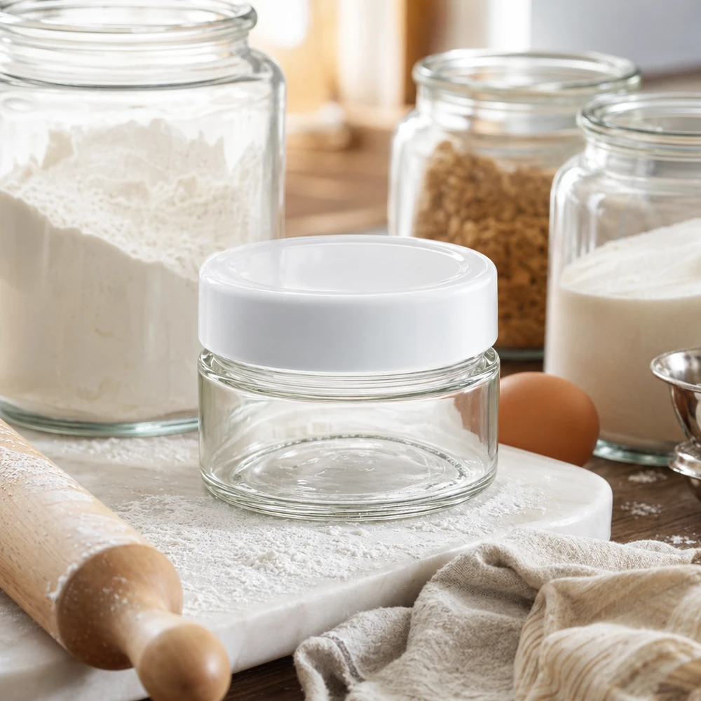 80 ml rund burk med BasicSeal-lock i köket med bakingredienser - mångsidig glasbehållare för livsmedel