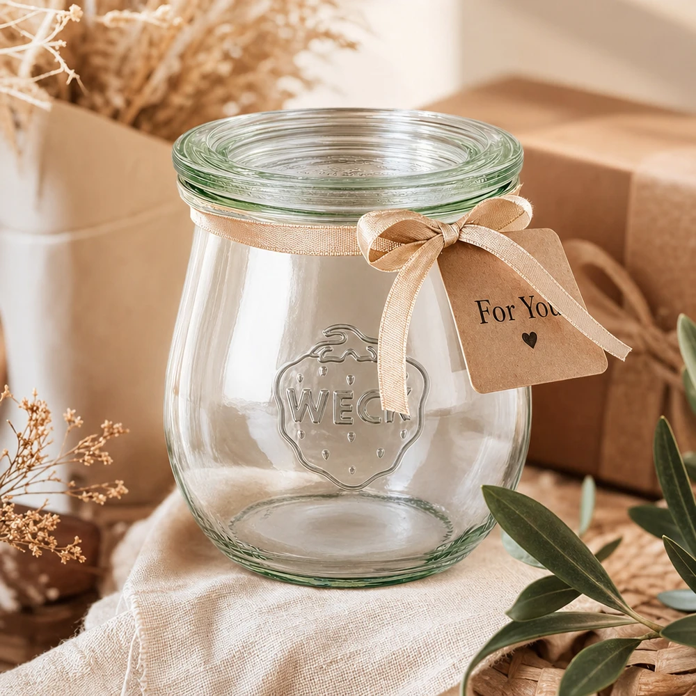 WECK tulpanburk 220ml RR60 som gåva dekorerad med en beige rosett och For You-tagg i en naturlig miljö