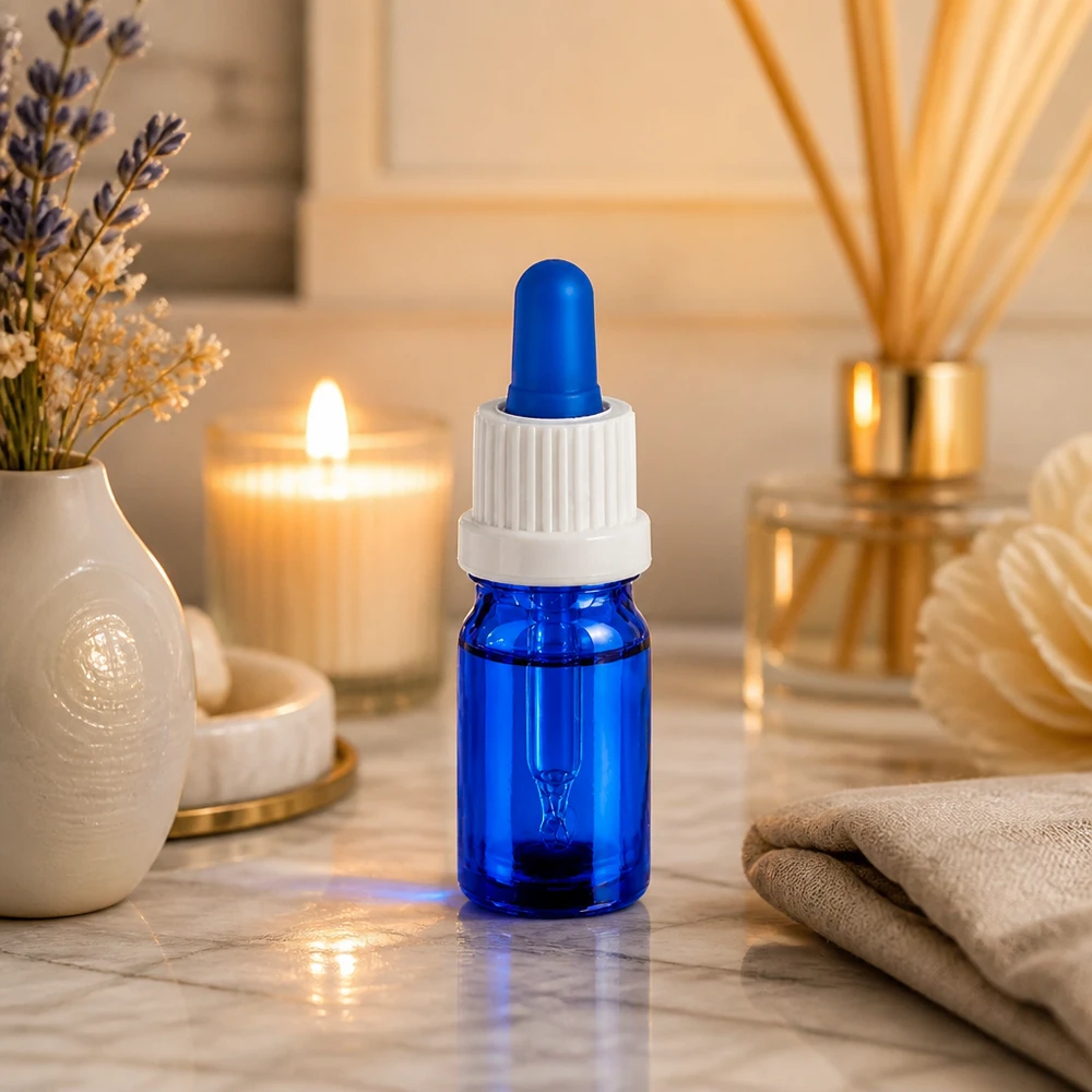 Elegant 5 ml pipettflaska i koboltblått med vit pipett för aromaterapi och kosmetika