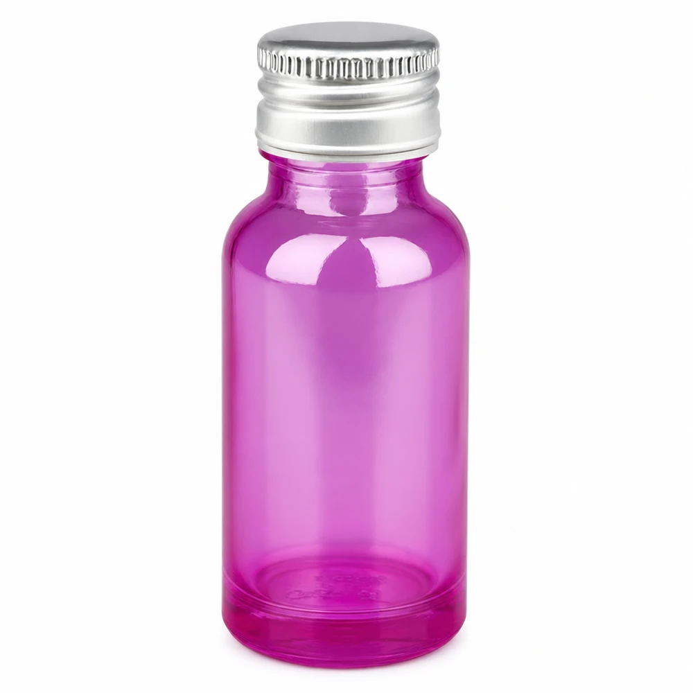 20 ml lila glasflaska med silverlock i aluminium för kosmetika och eteriska oljor