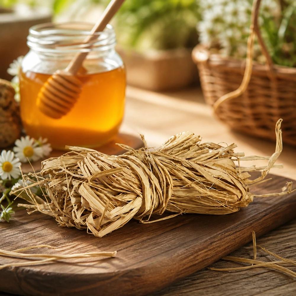Naturligt bast för dekoration, 30 g Naturlig raffia 30 g på träskiva med honung och blommor - rustik dekoration för naturliga hantverksprojekt och presentförpackning