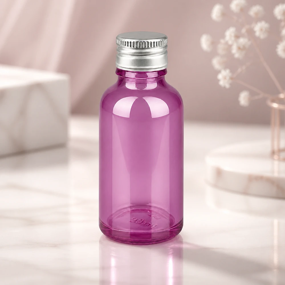 Transparent lila glasflaska 30 ml med glänsande aluminiumlock för aromaterapi