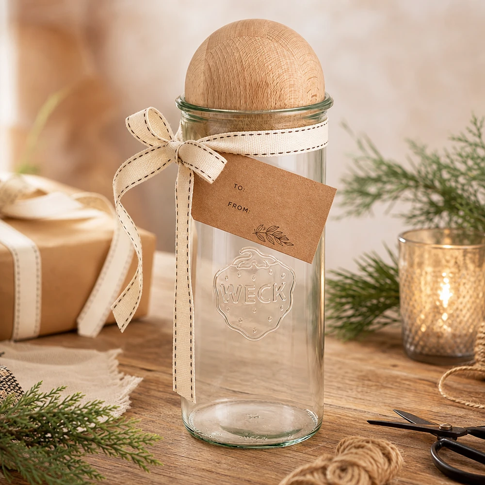 WECK 1500ml RR100 tumlare som presentförpackning dekorerad med bokträkula, presentband och etikett