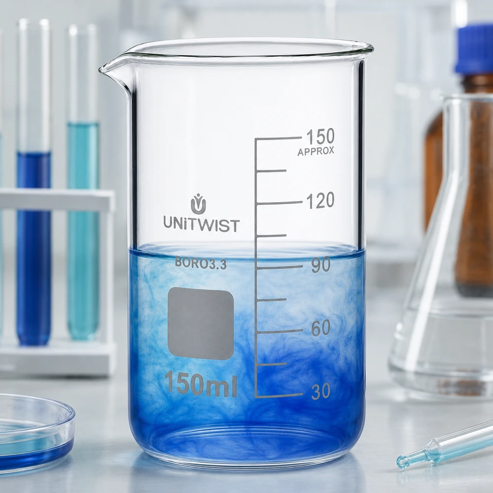 Bägare 150ml borosilikat, hög form UNiTWIST UNITWIST mätglas 150 ml, borosilikatglas, hög form med gradering och blå lösning i laboratoriet