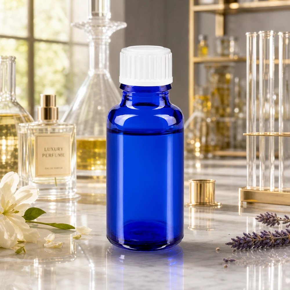 Apoteksflaska blå 20ml skruvkork vit standard En koboltblå glasflaska på 20 ml med vitt lock, omgiven av lavendel- och jasminblommor