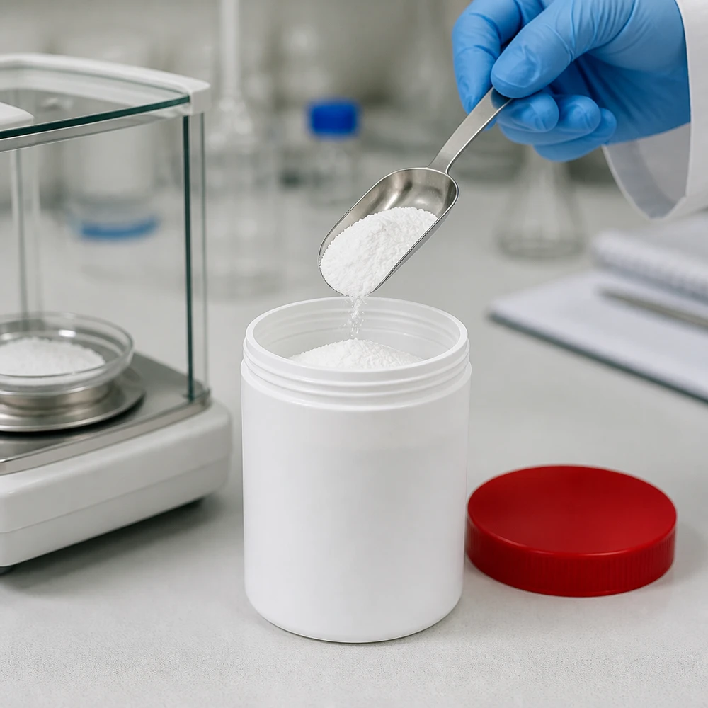 Salvburk 250g vit med rött skruvlock (polypropylen) Laboratorieteknikern fyller en vit PP-salvburk på 250 g med rött skruvlock med vitt pulver