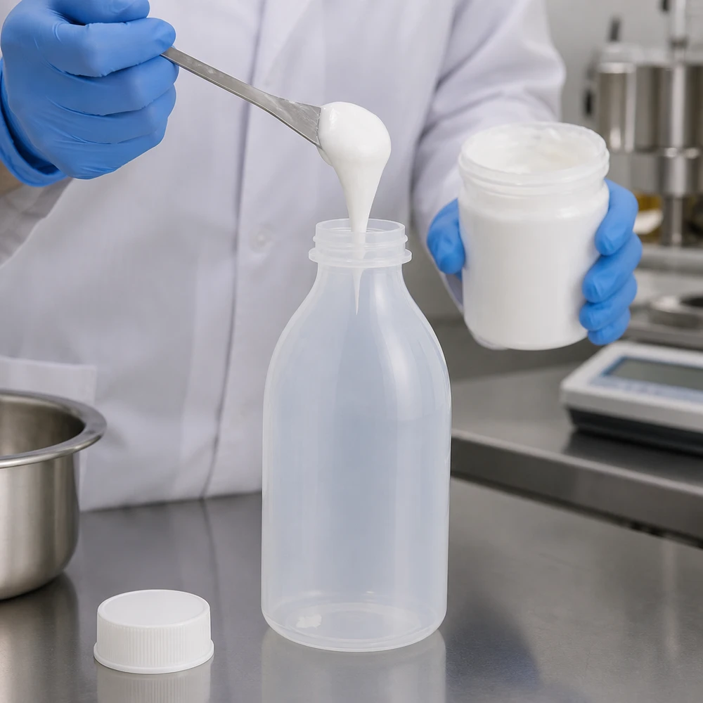 250ml skruvflaska, laboratorieflaska med smal hals Laboratorieteknikern överför den vita krämen med en spatel till en genomskinlig 250 ml laboratorieflaska med smal hals