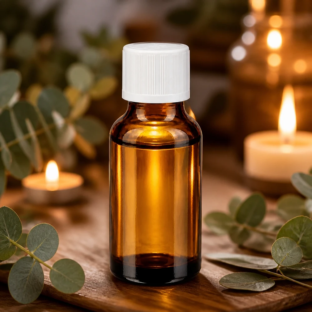 Apoteksflaska brun 20ml dropplock vit barnsäker standard 20 ml apoteksflaska i brunt glas med vit droppflaska på trä, tillsammans med eukalyptus och ljus