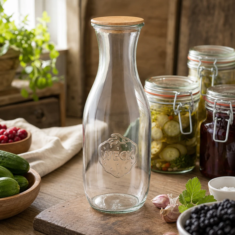 1062ml juiceflaska WECK RR60 med trälock WECK 1062ml juiceflaska med trälock i rustikt kök med konserveringsburkar grönsaker och naturlig dekoration