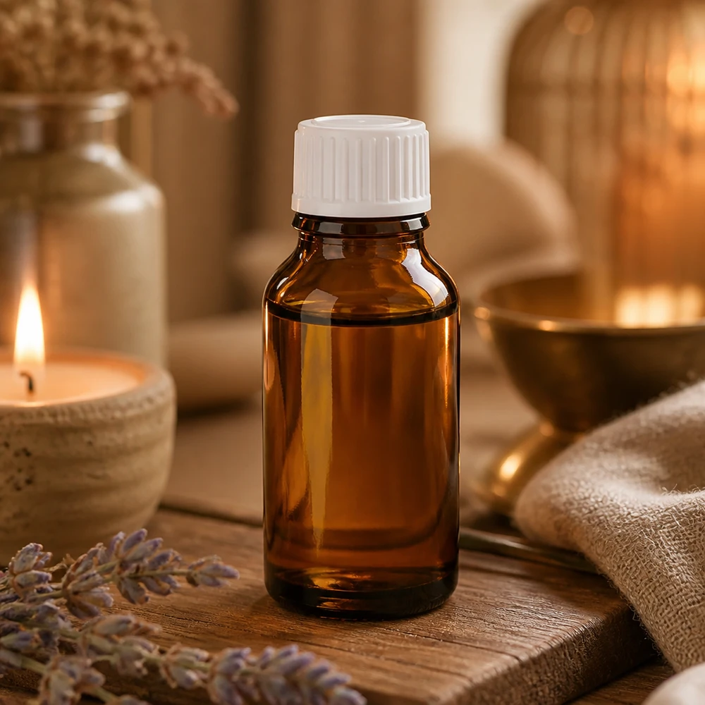 Apoteksflaska brun 30ml skruvkork vit standard En bärnstensfärgad apotekarflaska på 30 ml med vitt skruvlock på en träbakgrund med lavendel