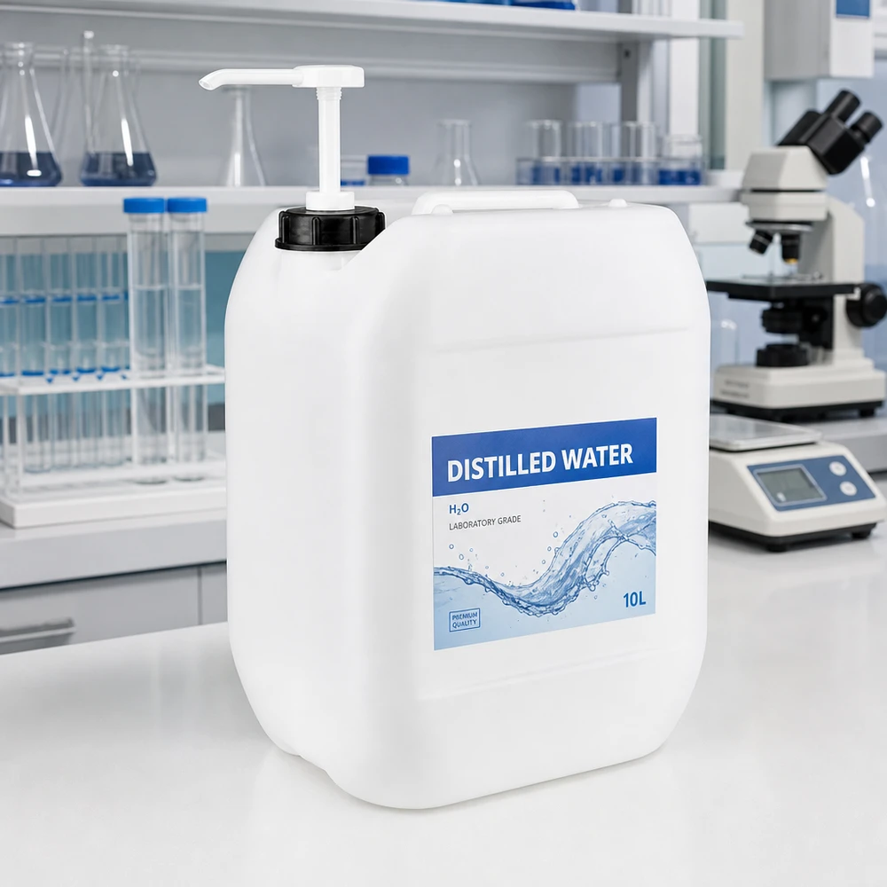 10-liters laboratoriekanister med pump för destillerat vatten (H₂O) i en professionell laboratoriemiljö