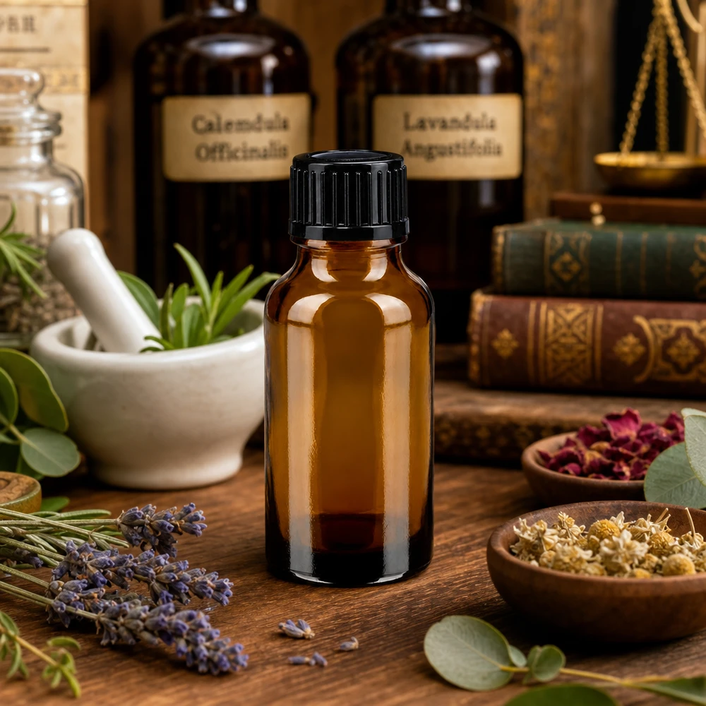 Apoteksflaska brun 20ml skruvkork svart standard Brun glasflaska på 20 ml med svart lock bredvid tinkturerna av ringblomma och lavendel (Lavandula officinalis)