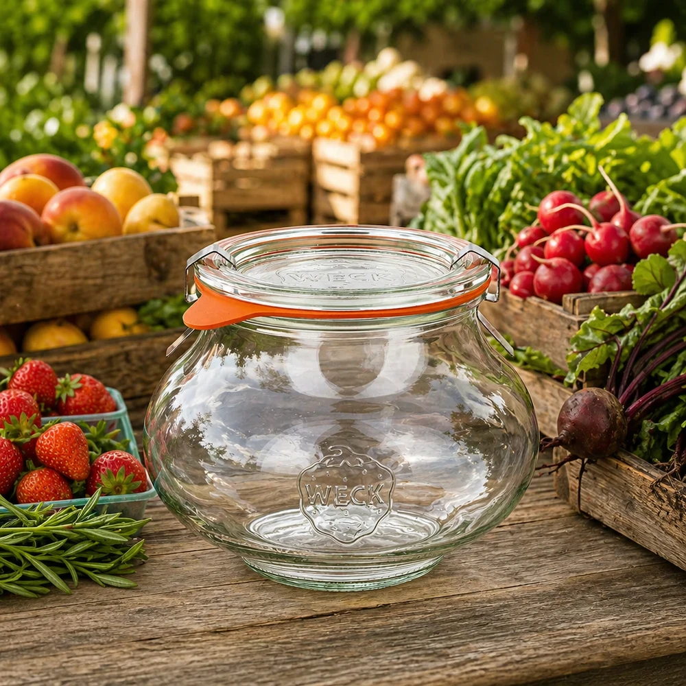 560 ml dekorativ burk, komplett WECK RR80 WECK smyckesburk 560ml RR80 på träbord mellan färsk frukt och grönsaker, naturlig marknadsscen med konserveringsburk