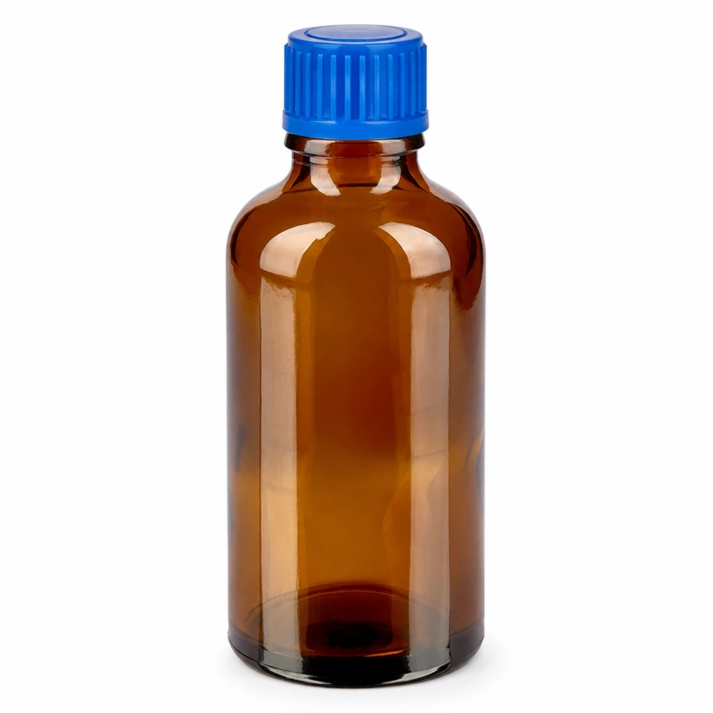 50 ml bärnstensfärgad glasflaska med blått skruvlock för mediciner och läkemedel