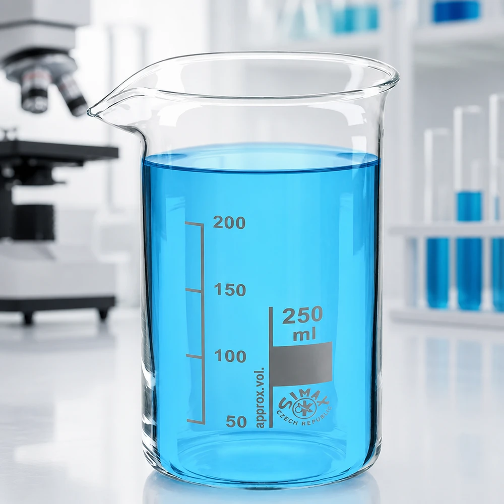 Tomt bägarglas, 250 ml, hög form, borosilikatglas med pip på en vit laboratorieyta