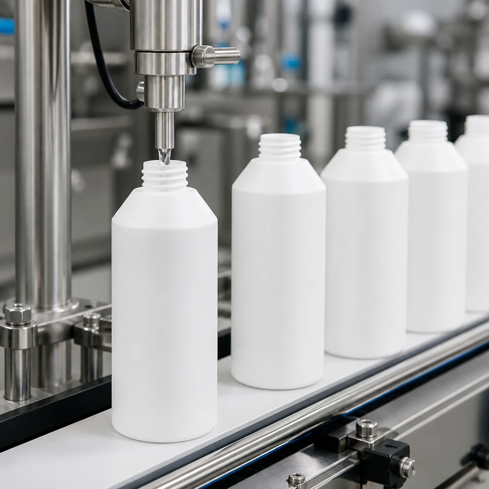Apoteksflaska HDPE 250ml vit, utan lock En industriell tappanläggning fyller vita 250 ml HDPE-apotekflaskor på ett transportband