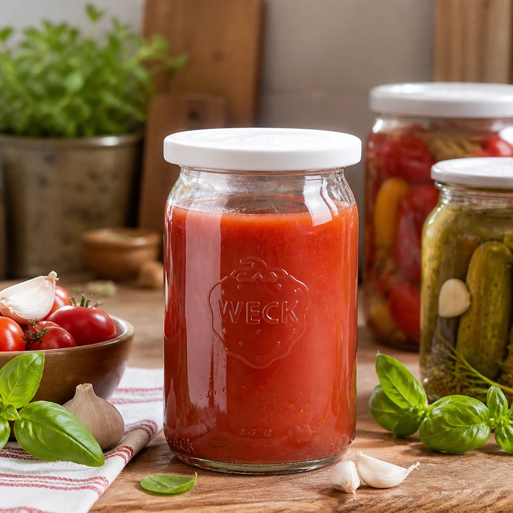 WECK RR40 konserveringsburk 145ml fylld med röd tomatsås i rustikt kök med färska örter och grönsaker