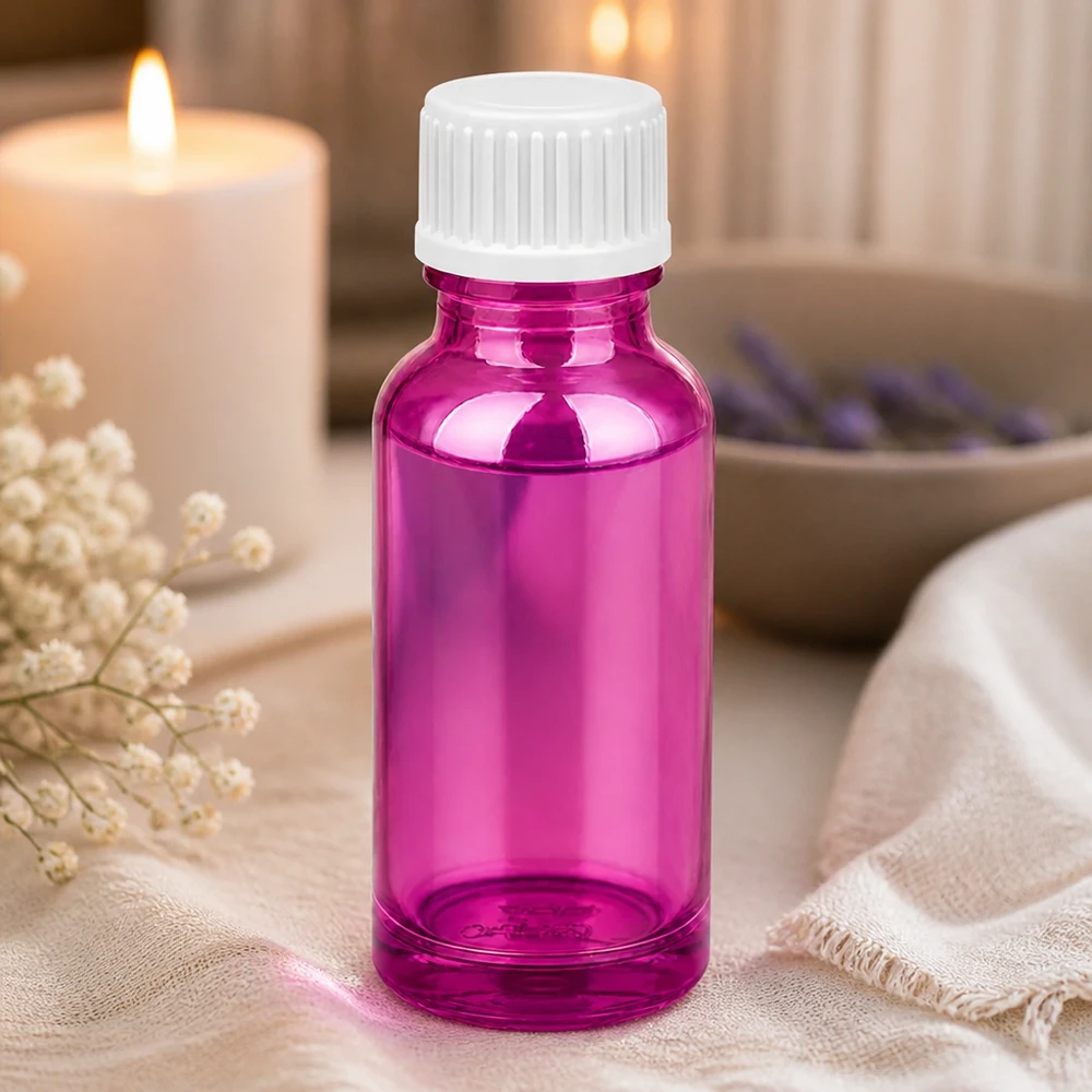 Kompakt 20 ml droppflaska i ljuslila för aromaterapi med vitt lock