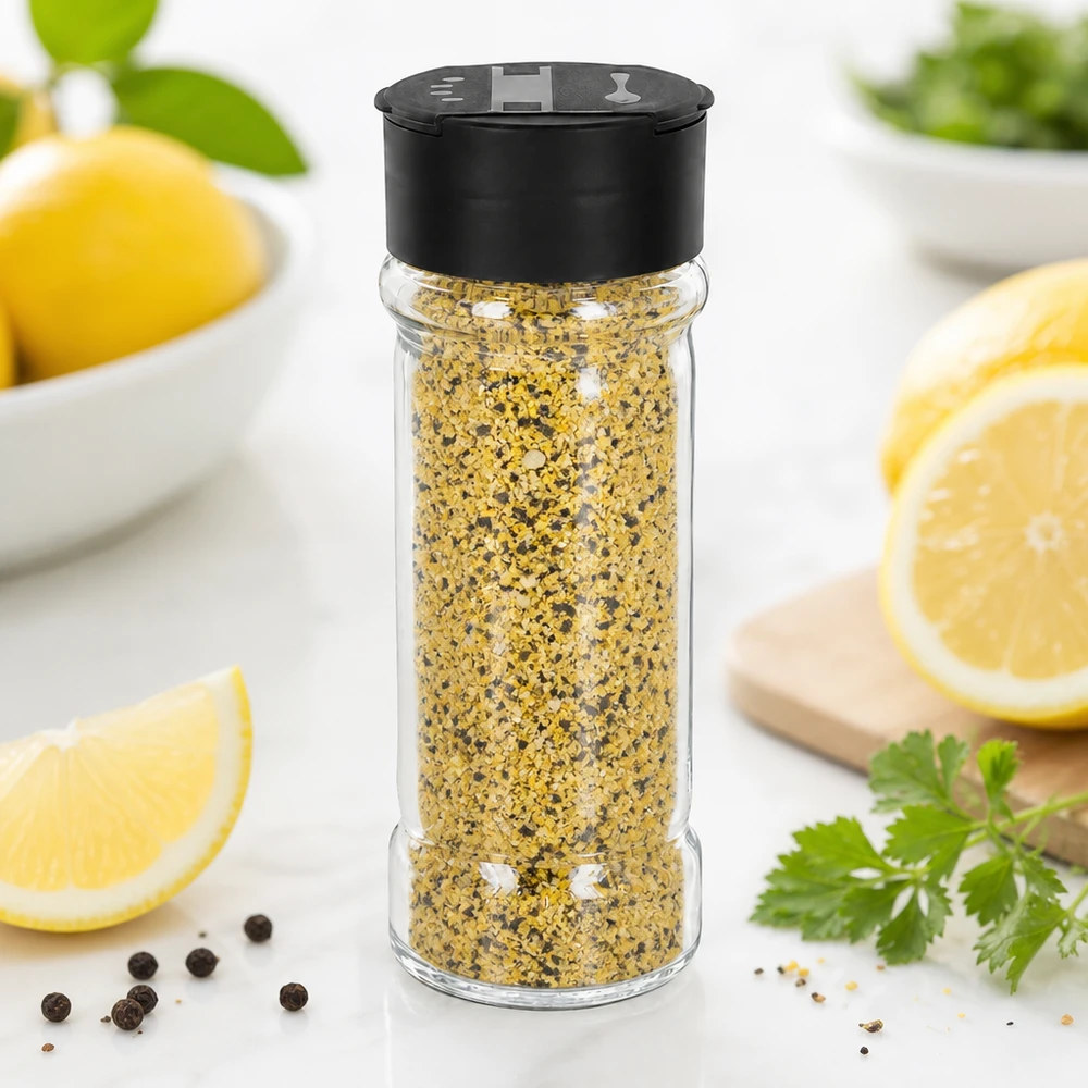Kryddblandning med citronpeppar i 100 ml klarglasburk med svart lock med dubbla ströare