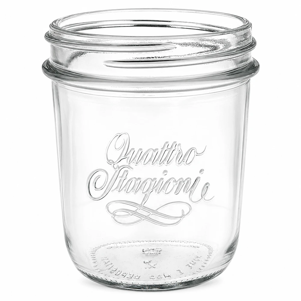 320 ml "Quattro Stagioni" Krossade glasögon QS86mm Tomma 320 ml Quattro Stagioni-glas med QS86mm-gänga och elegant text för konservering och inläggning