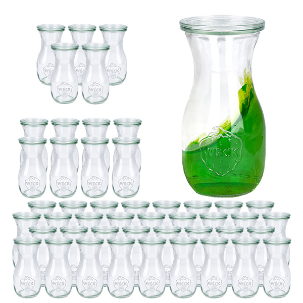 Set med 48 burkar Weck på 290 ml, juiceflaska med 48 glaslock