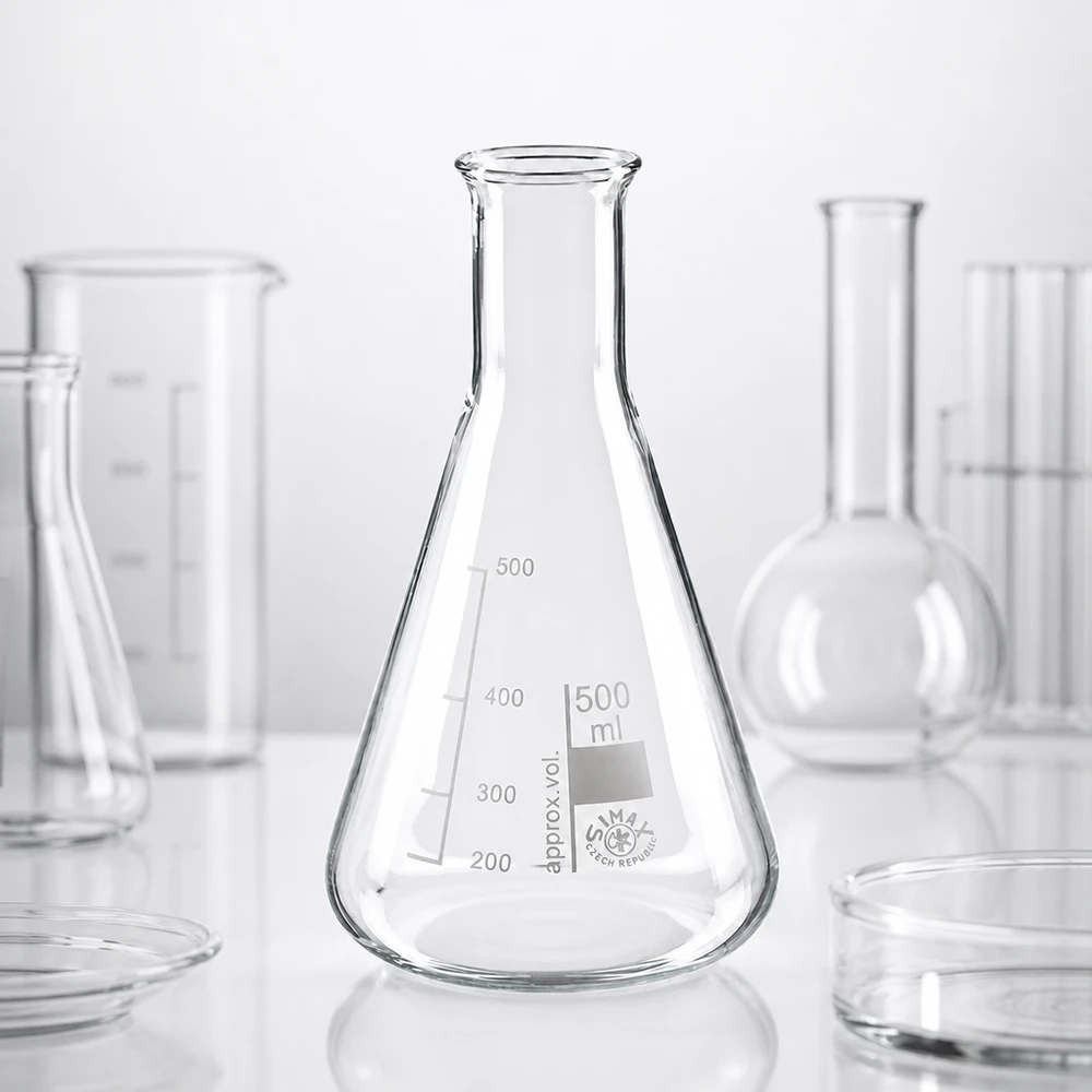 Erlenmeyerkolv 500 ml med smal hals Konisk Erlenmeyerkolv 500 ml av klart laboratorieglas med exakta volymmärkningar