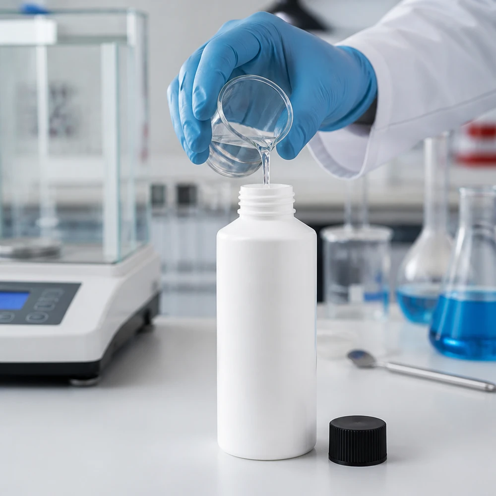 Apoteksflaska HDPE 100ml vit, med svart skruvlock Den klara vätskan fylls i en vit 100 ml HDPE-apotekflaska med svart skruvlock