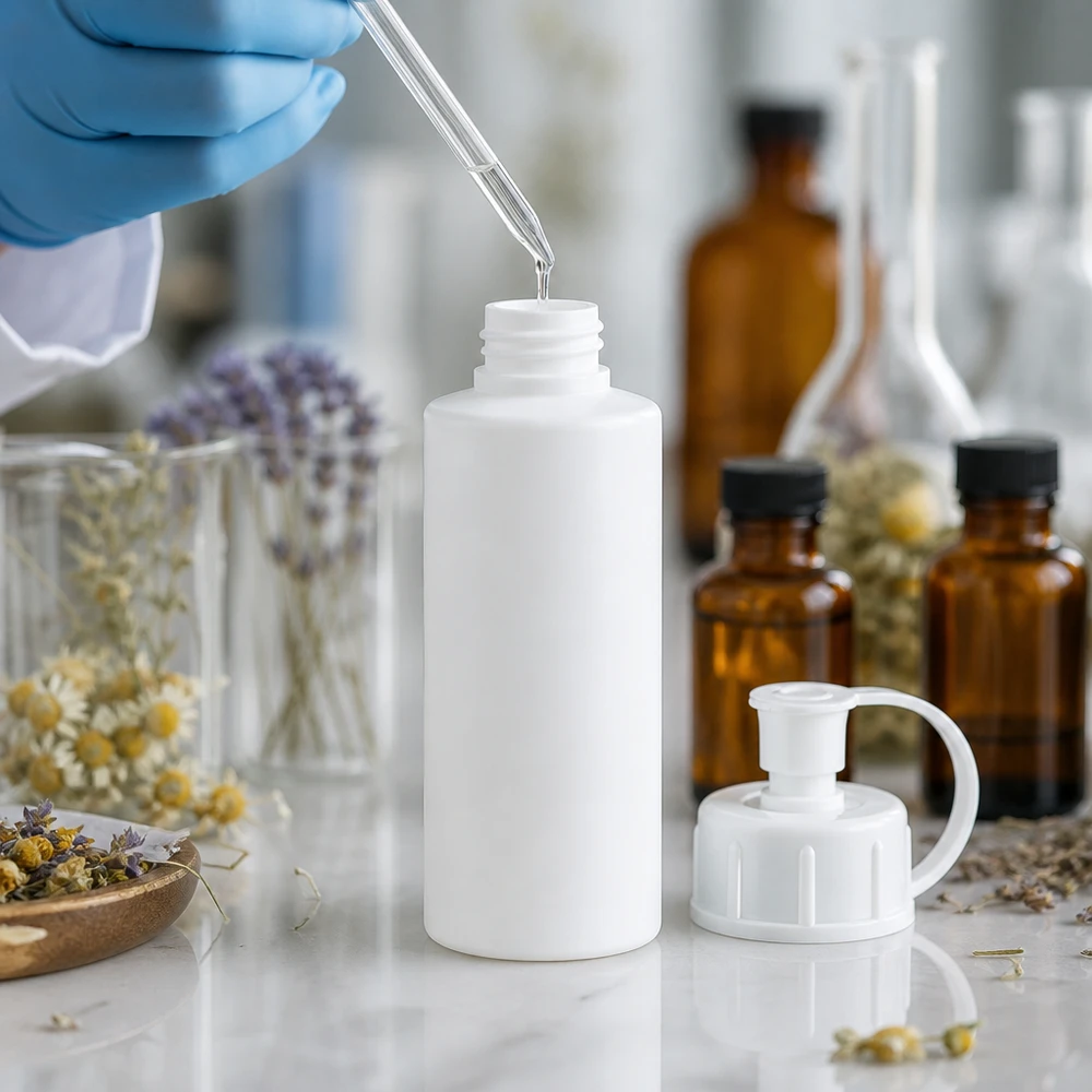 Vit HDPE-apotekflaska på 30 ml med sprutlock i en professionell laboratoriemiljö