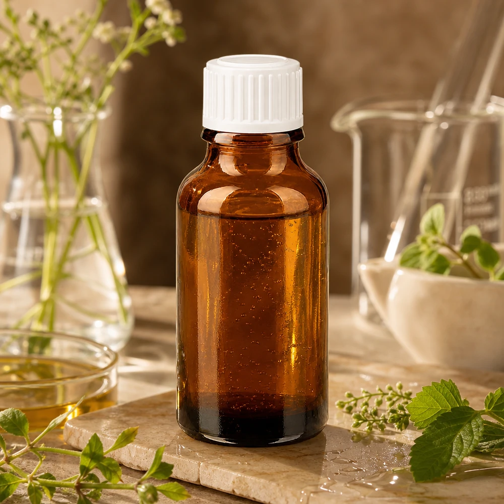Apoteksflaska brun 20ml skruvlock vit standard 20 ml brun apoteksflaska med vitt skruvlock bland färska örter och medicinalväxter