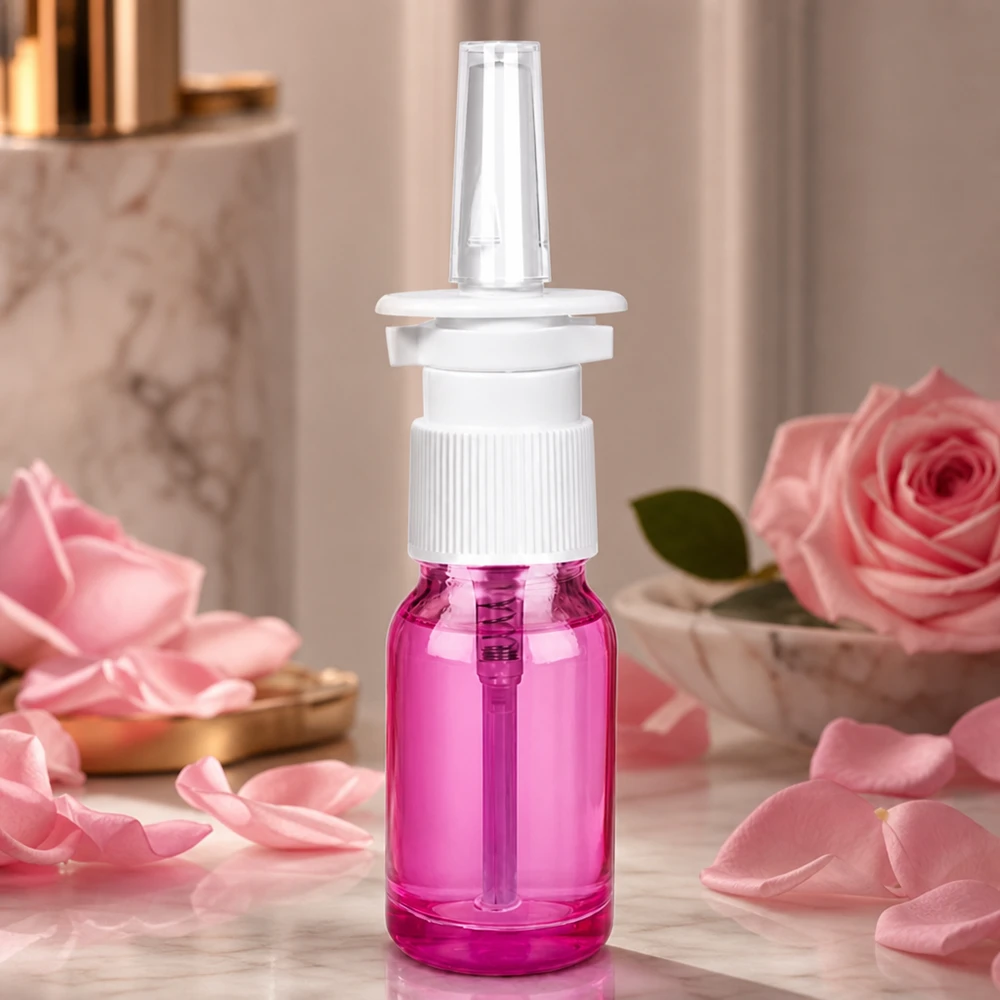 10 ml nässprayflaska av glas i lila ljus med vit pumpspruta för näsvård