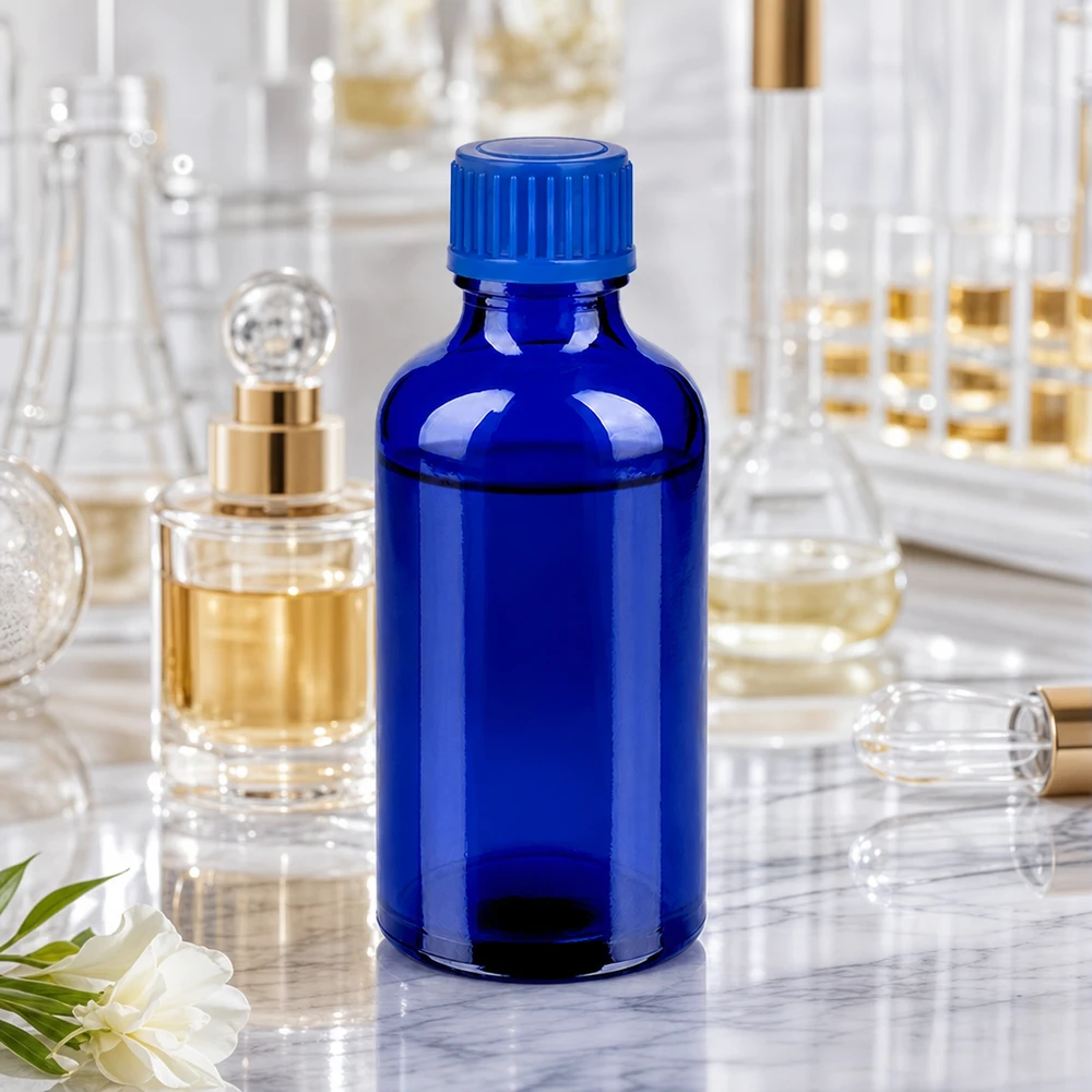 50 ml blå glasflaska UT18/50 med räfflat lock för professionella tillämpningar