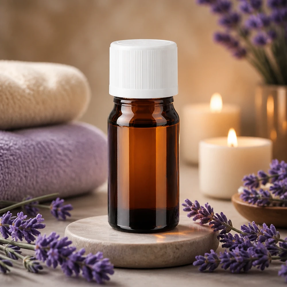 Apoteksflaska brun 5ml droppflaska vit barnsäker standard Brun 5 ml apoteksflaska med vitt KiSi-lock på en stenunderlägg mellan lavendelblommor