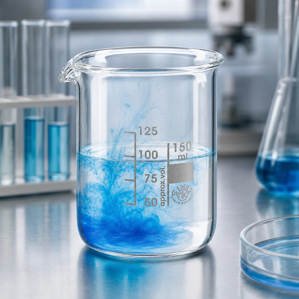 Bägare 150ml borosilikatglas, låg form Värmebeständig bägare i borosilikatglas 150 ml med blå vätska i modern laboratoriedesign