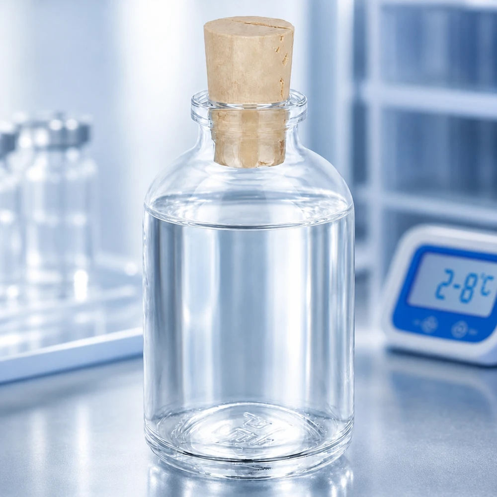 Klarglasflaska 50ml med kork 11/14mm Apothekerflasche Klarglas 50ml mit Korken 11/14mm halb gefüllt mit klarer Lösung im Kühlbereich