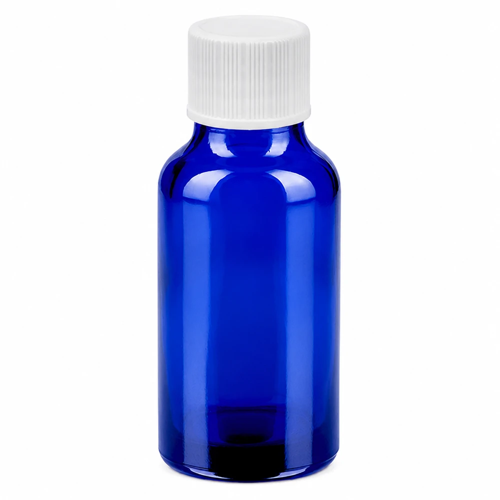 20ml flaska 11mm skruvkork vit Standard BlueLine UT18/20 20 ml glasflaska blå med vitt skruvlock för eteriska oljor och kosmetika