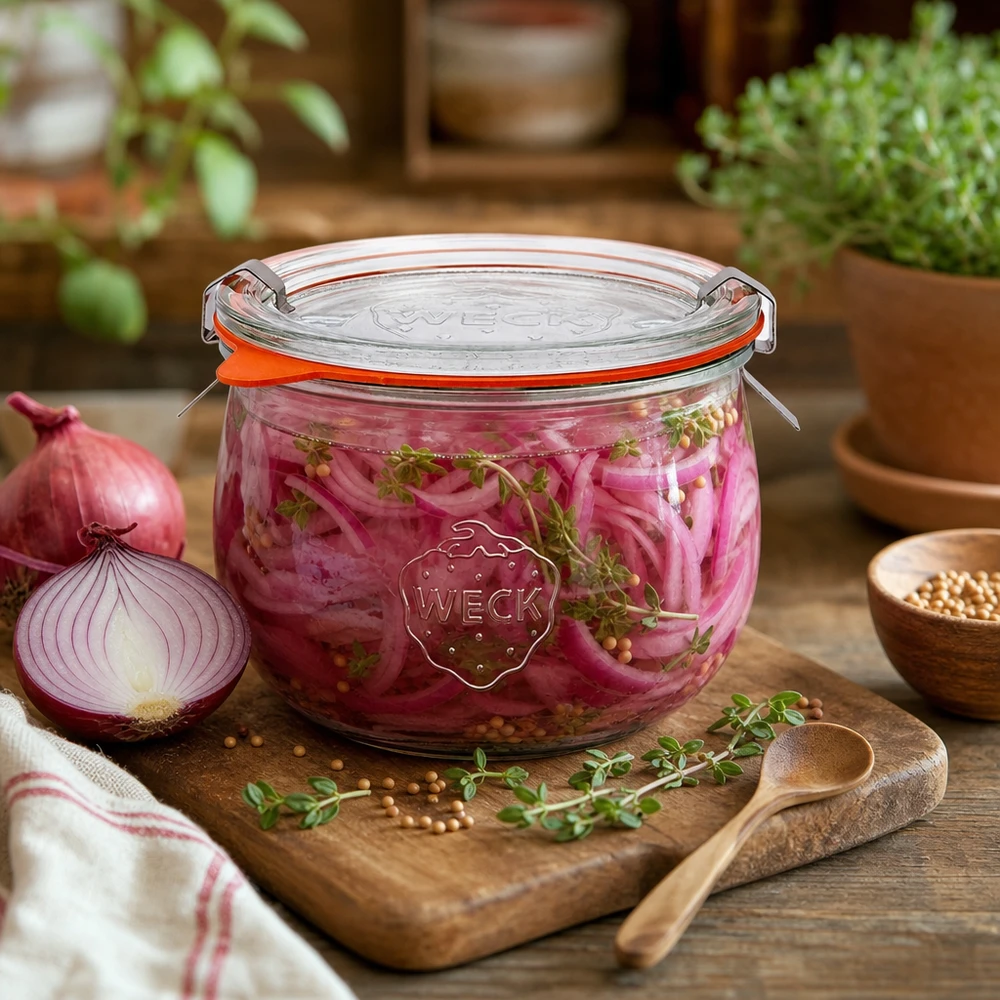 WECK tulpanburk 580ml RR100 fylld med picklad rödlök, dekorativt arrangerad med örter på en träskiva