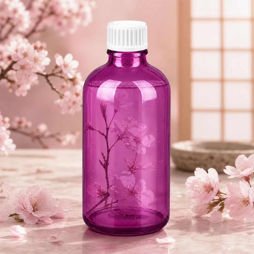 Rund 100 ml glasflaska i elegant lila design med praktisk UT18-skruvgänga
