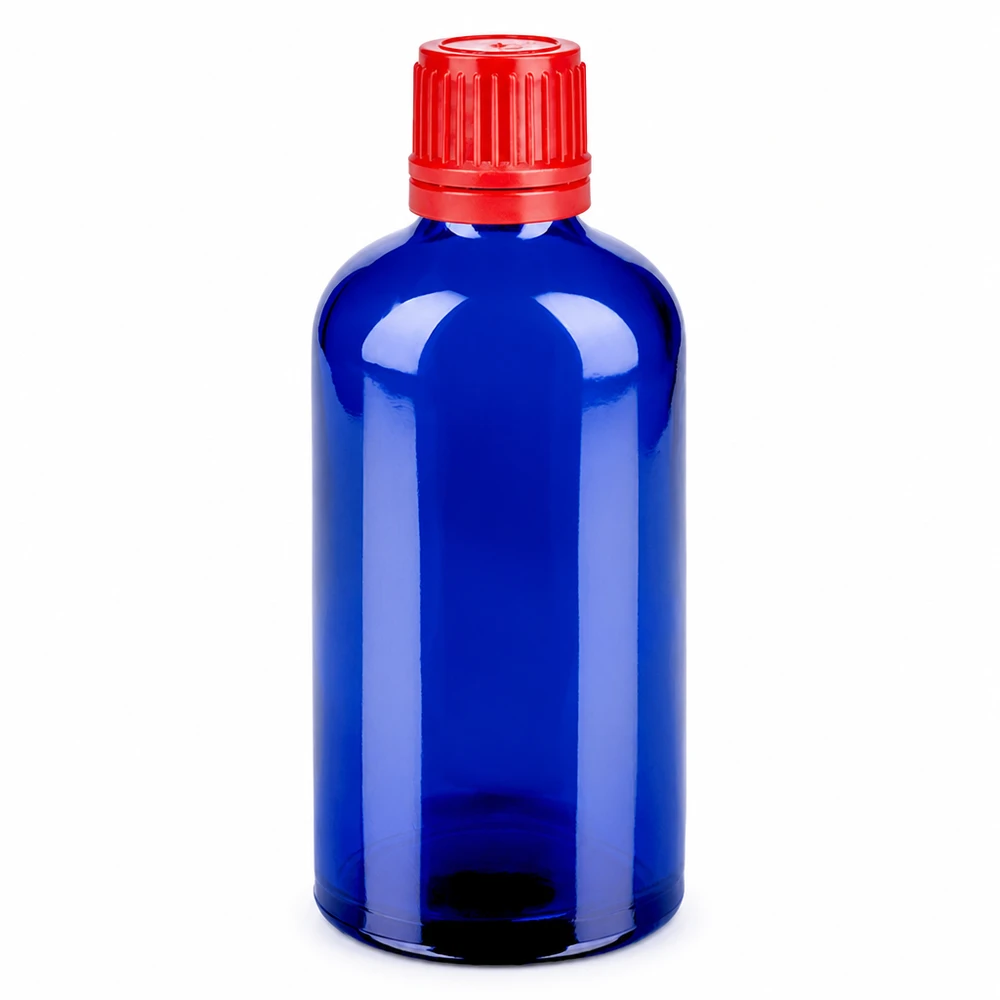 100ml flaska 11mm skruvkork röd säkerhetsförslutning BlueLine UT18/100 100ml blå glasflaska med röd skruvkork SV 11mm OV BlueLine UT18/100