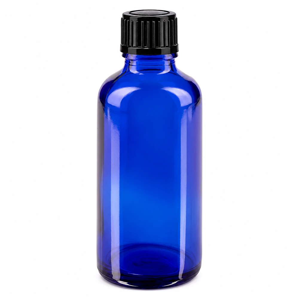 50 ml blå apotekarflaska i glas med svart skruvlock, 11 mm standard