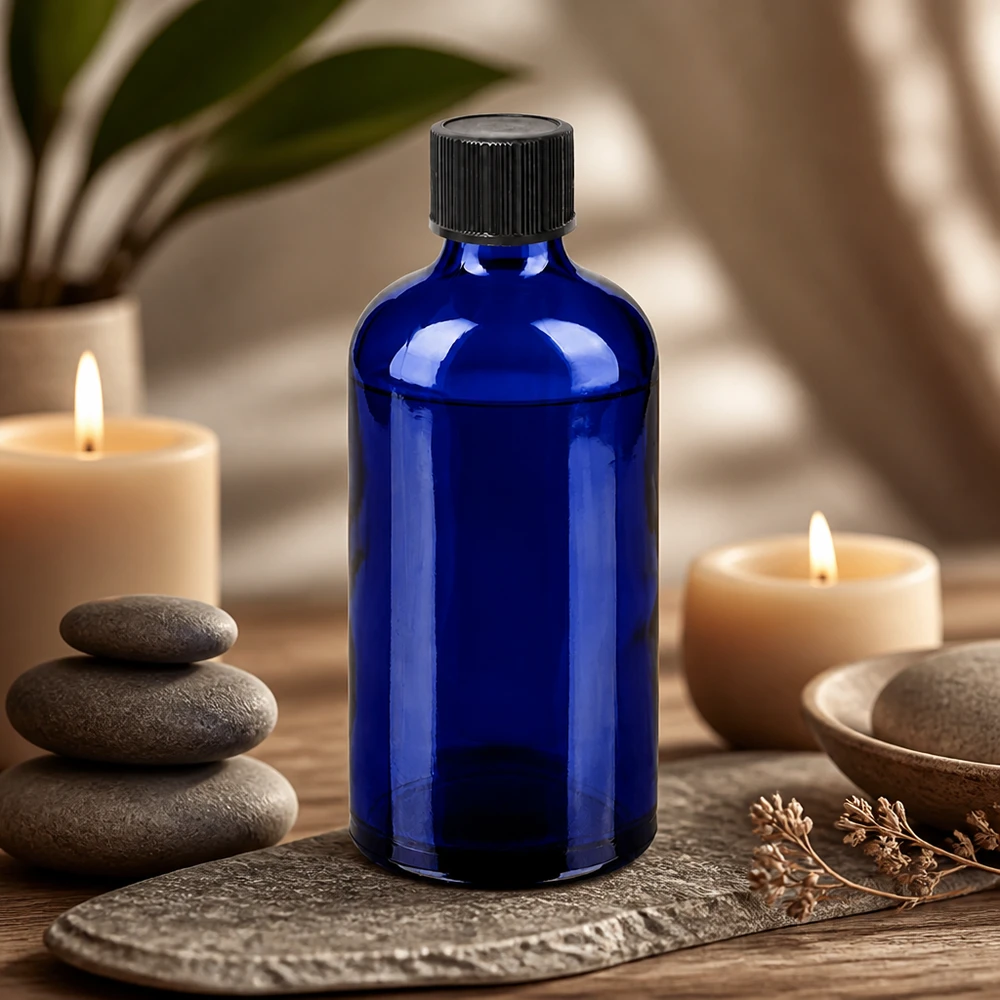 100ml Droppflaska 1mm svart standardförslutning BlueLine UT18/100 Koboltblå 100 ml droppflaska med UV-skydd och svart lock för ljuskänsliga ämnen