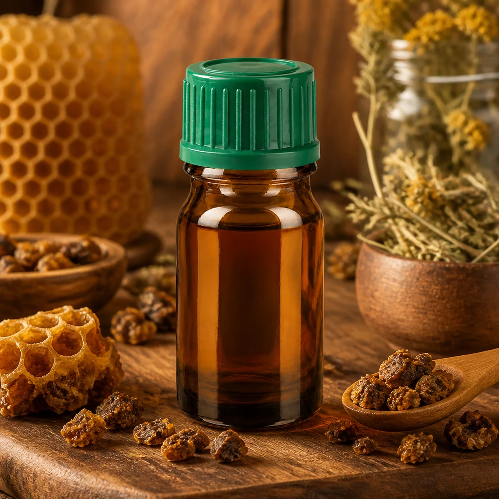 Liten 5 ml bärnstensfärgad glasflaska med grönt lock, perfekt för propolis och naturläkemedel