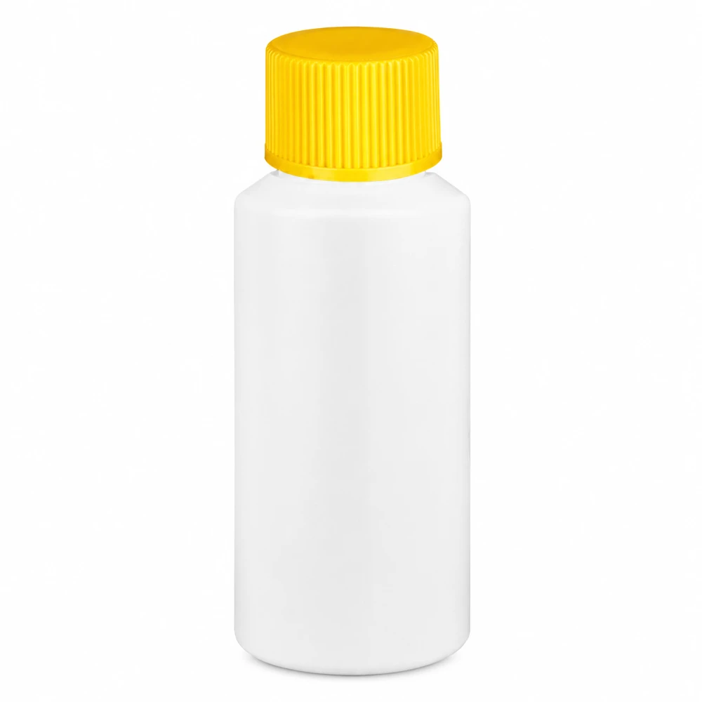 Apoteksflaska HDPE 30ml vit, med gult skruvlock Apoteksflaska i HDPE, 30 ml, vit med gult skruvlock, tillverkad av högkvalitativ plast