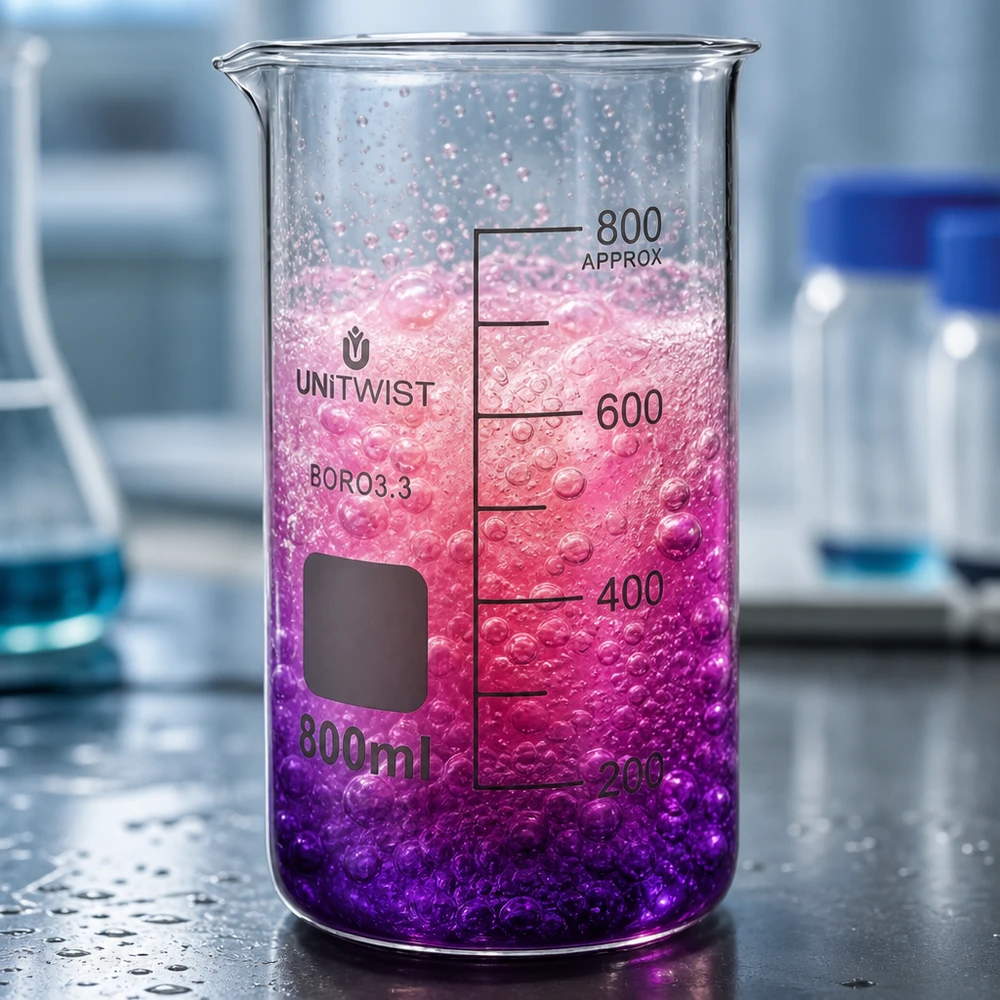 UNITWIST Bägare, 800 ml, hög modell, borosilikatglas med rosa-lila vätska och bubblor i laboratoriet