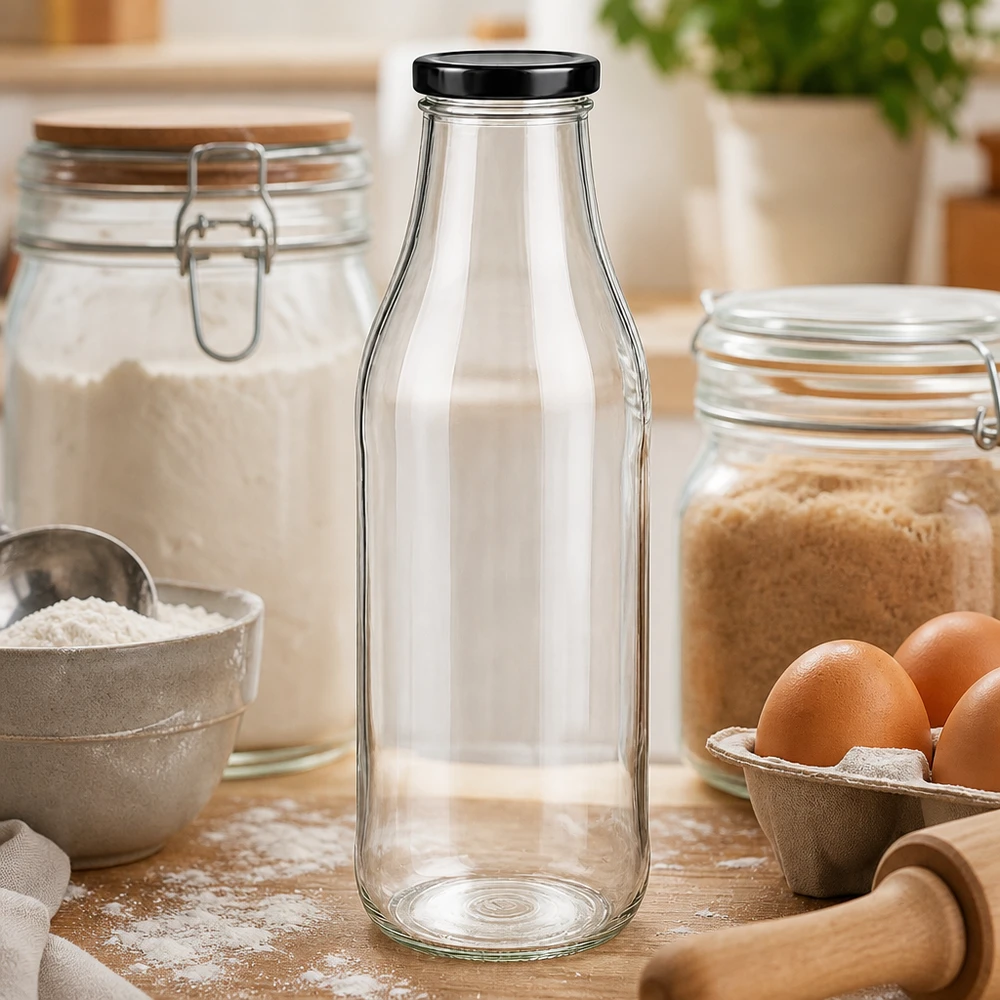 1000 ml glasflaska tom på träbord mellan bakingredienser, ägg och mjöl som köksutrustning